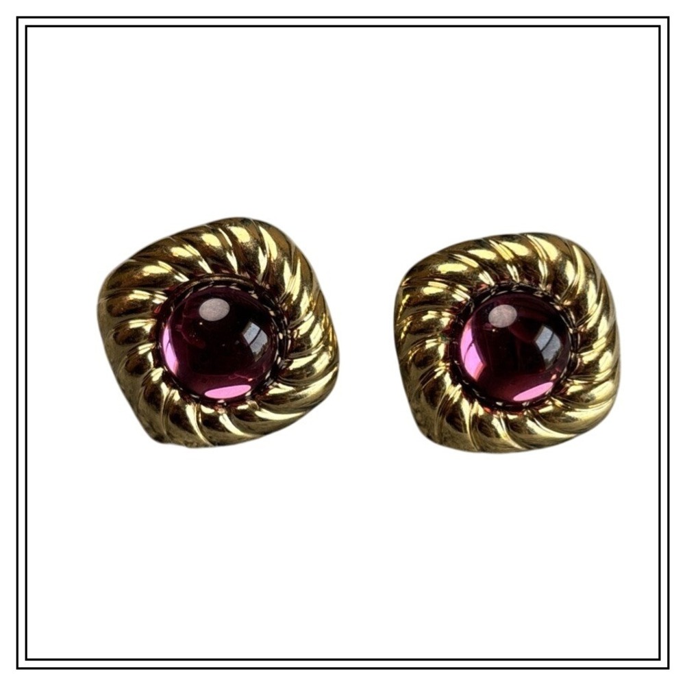 Vintage Gold Tone Square Clip On Earrings‎ Purple Cabochon Gemstone Statement